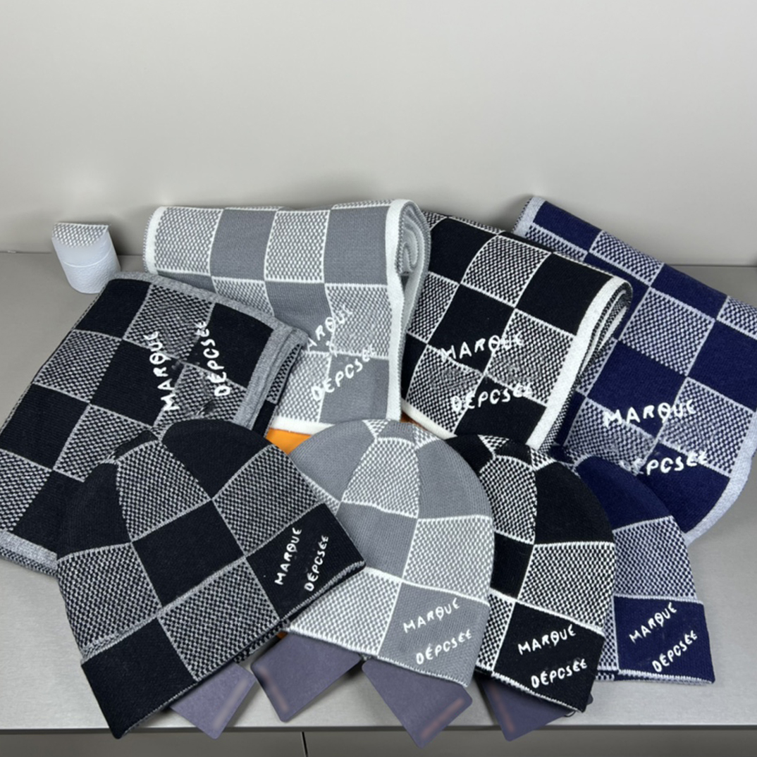 Top Damier Heritage Beanie And Scarf Sets High Quality Luxury Designer Wool Knitted Hat Black/White Chess Check Knitted Hat Set for Men and Women