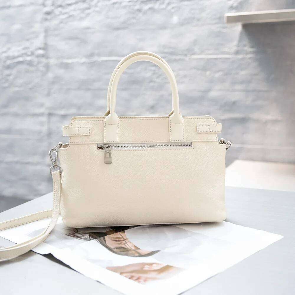 New Fashion Designer Beige Blue Color Handheld Tote Real Cowhide Leather Women Handbag Office Workers Shoulder Bag
