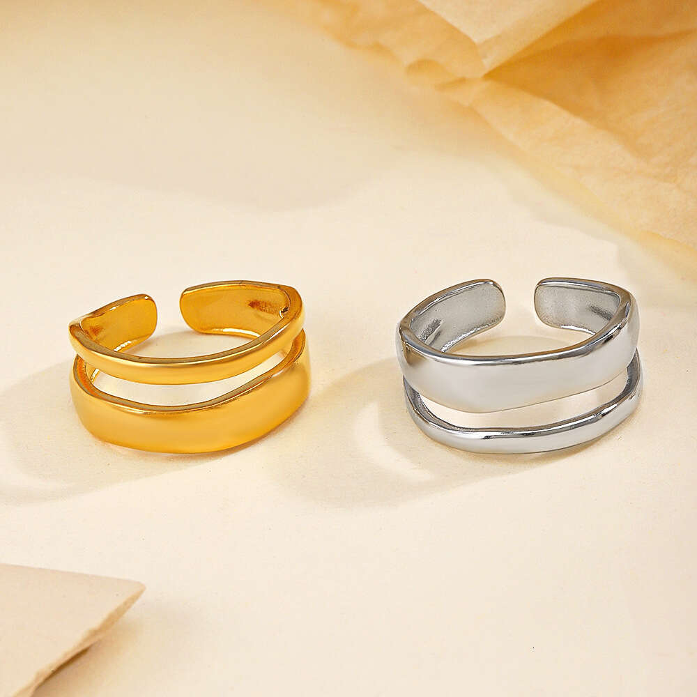 Simple Double Layer Titanium Fashion Trendy Niche Design Gold Plated Stainless Steel Ring for Women