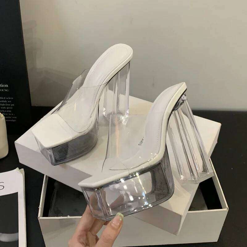 Eilyken Designer PVC Transparent Slippers Women Square Toe Platform High Heels Slides Shoes Summer Zapatos De Mujer