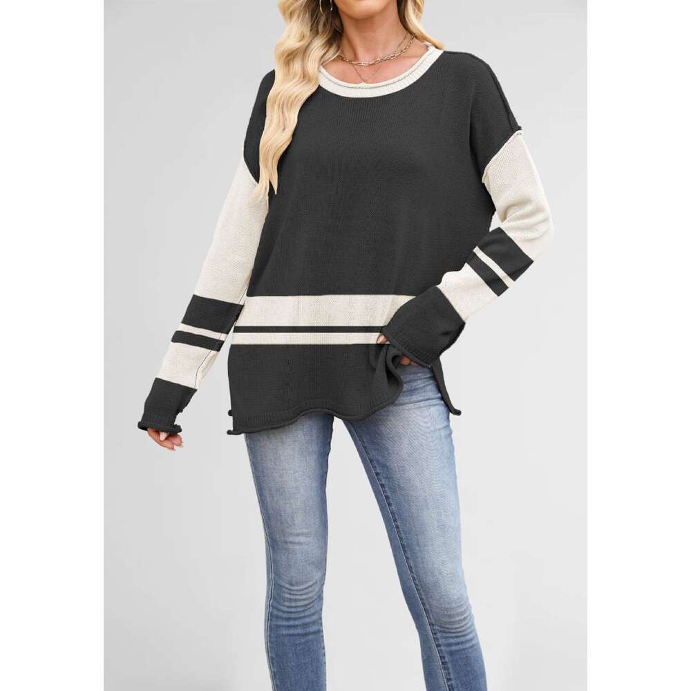 New Knitted Autumn Winter Women's Color Block Round Neck Loose Casual Pullover Sweater B3