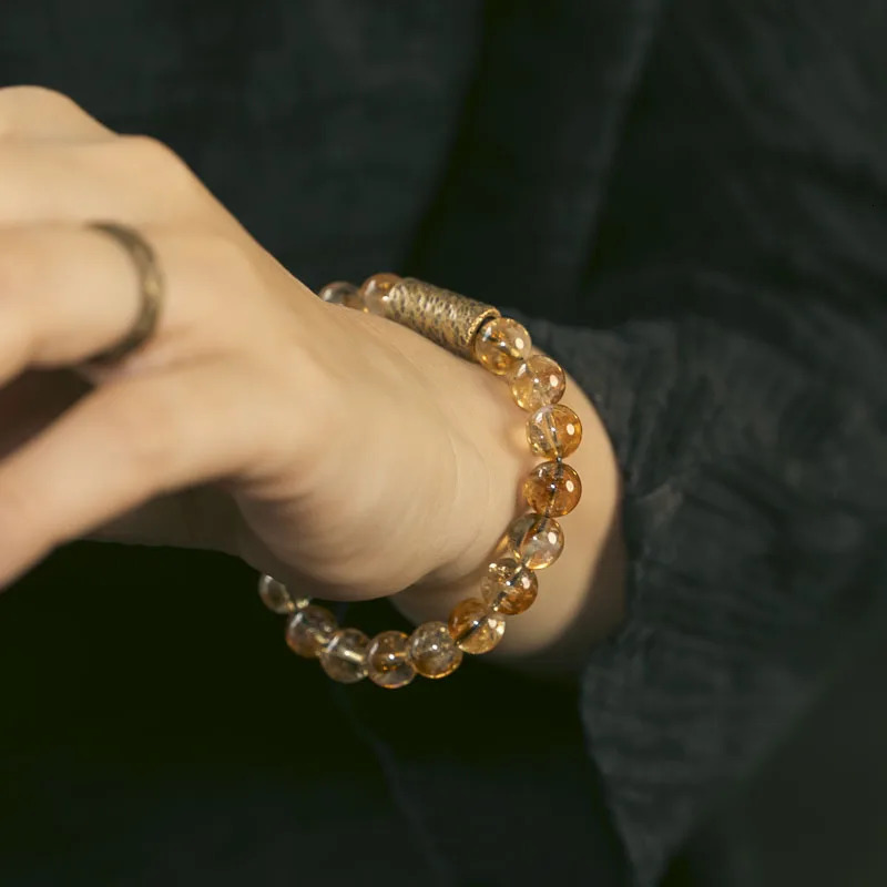 Natural Citrine Rudraksha Seed Space Stretch Bracelet Brass Metal Health Lucky OM Jewelry Blessing Women Gift Items For Mom 250815