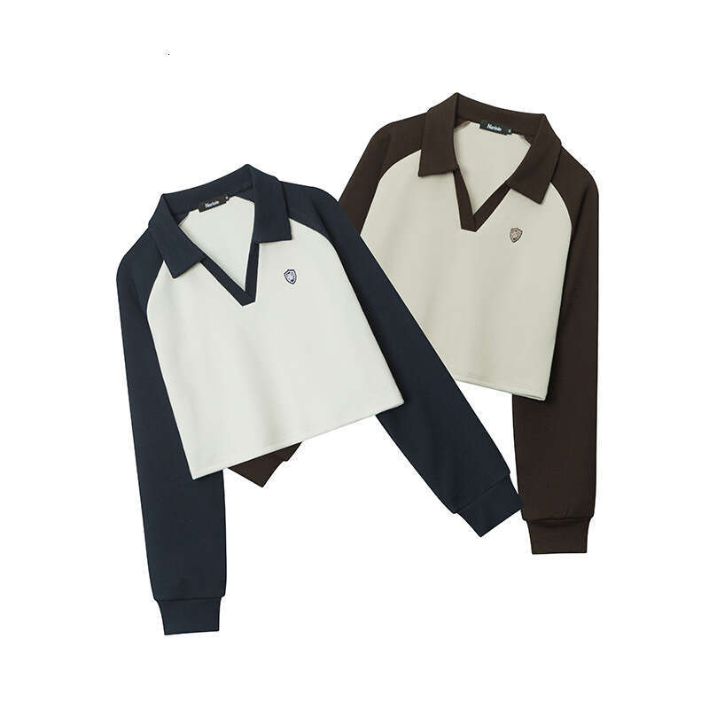 Spring New American Style Hot Girl Slim Fit Short T-Shirt Color Block V-Neck Long Sleeve Top For Women B5