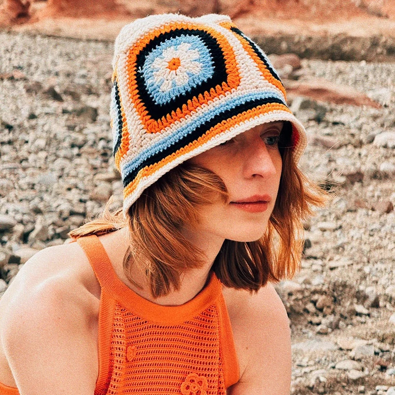 Winter Colorful Handmade Basin Hat Women Men Crochet Bucket Hat Panama Cap Rainbow Flower Knitted Hat Korean Style Beanies 250819