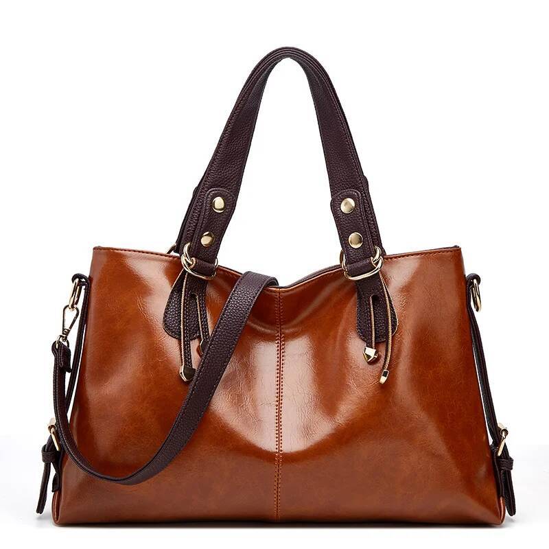 Retro Minimalist Atmosphere Large-Capacity Wide Shoulder Strap Solid Color Tote Bag, Ladies' Fashion Multi-Layered Wax Oil Leather