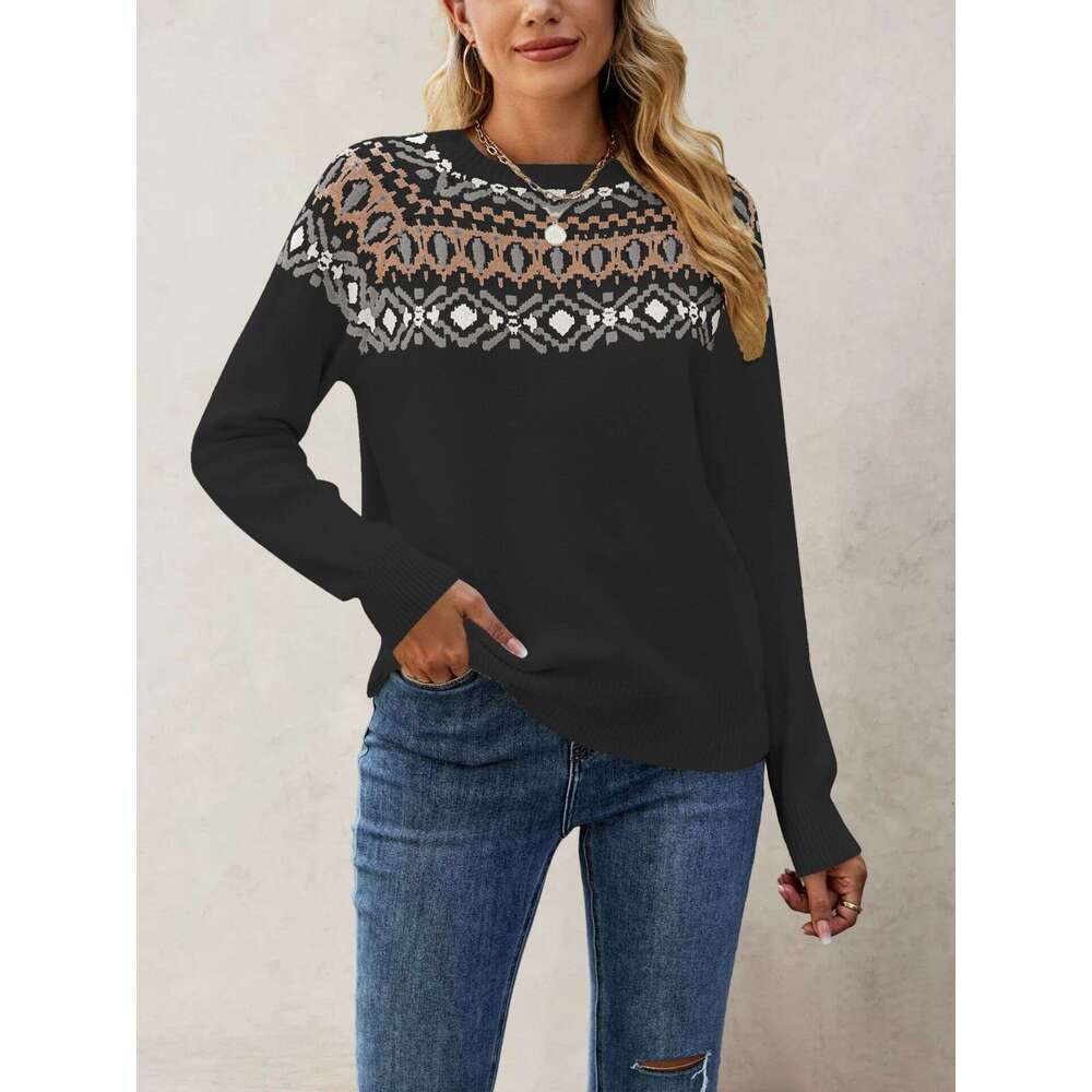 New Women's Knitted Autumn Winter Jacquard Round Neck Pullover Sweater B5