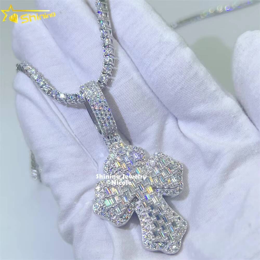Fine Jewelry 925 Silver Baguette Diamond Cross Charms Moissanite Hip Hop Jewelry Mens Moissanite Pendant