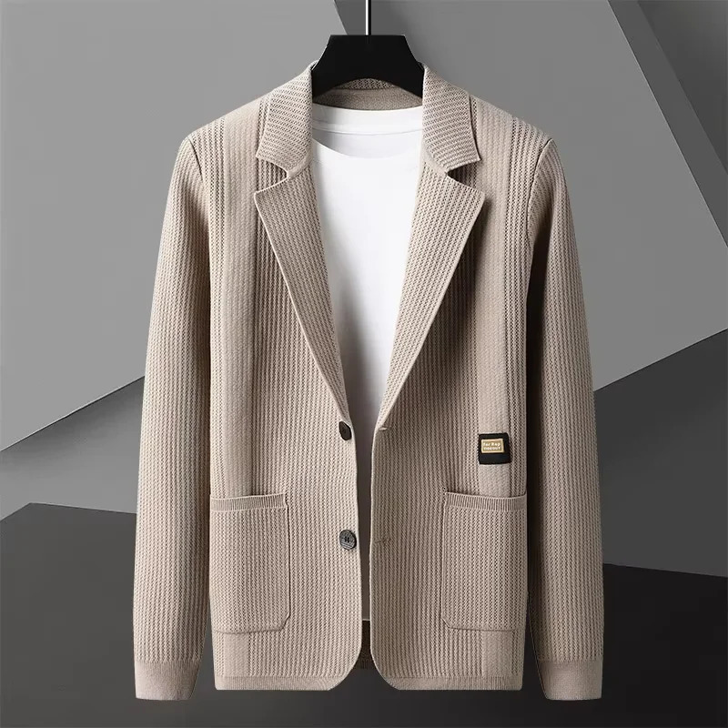 European highend suit collar solid color knitted cardigan mens autumn winter y button business casual sweater coat 250819