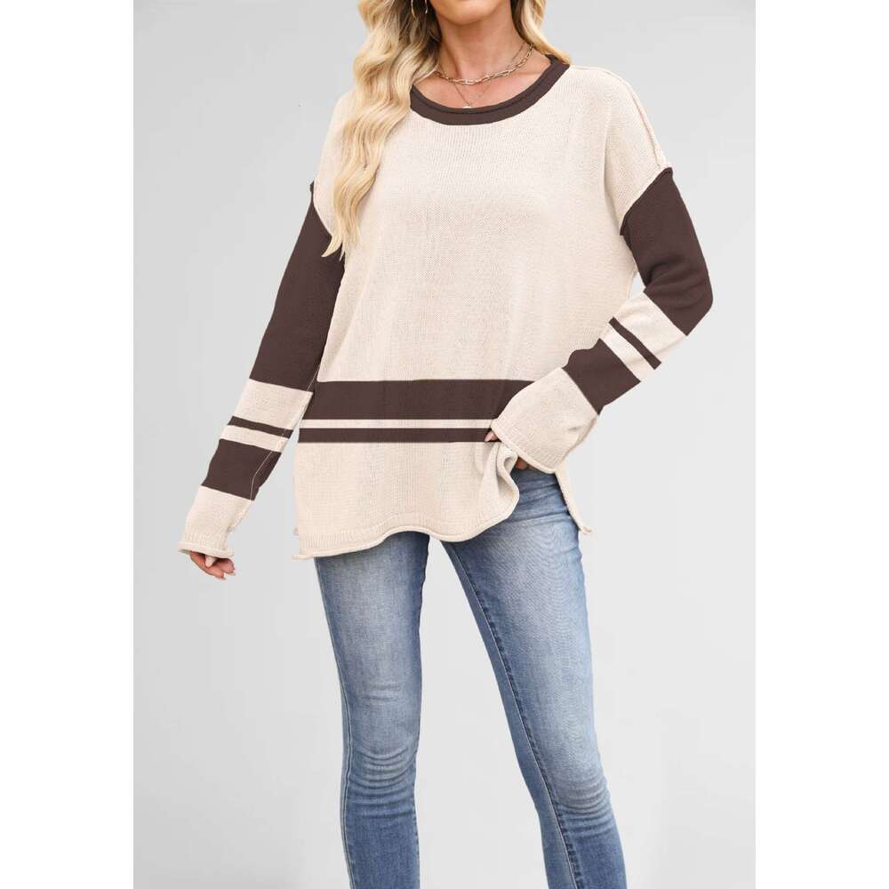 New Knitted Autumn Winter Women's Color Block Round Neck Loose Casual Pullover Sweater B3