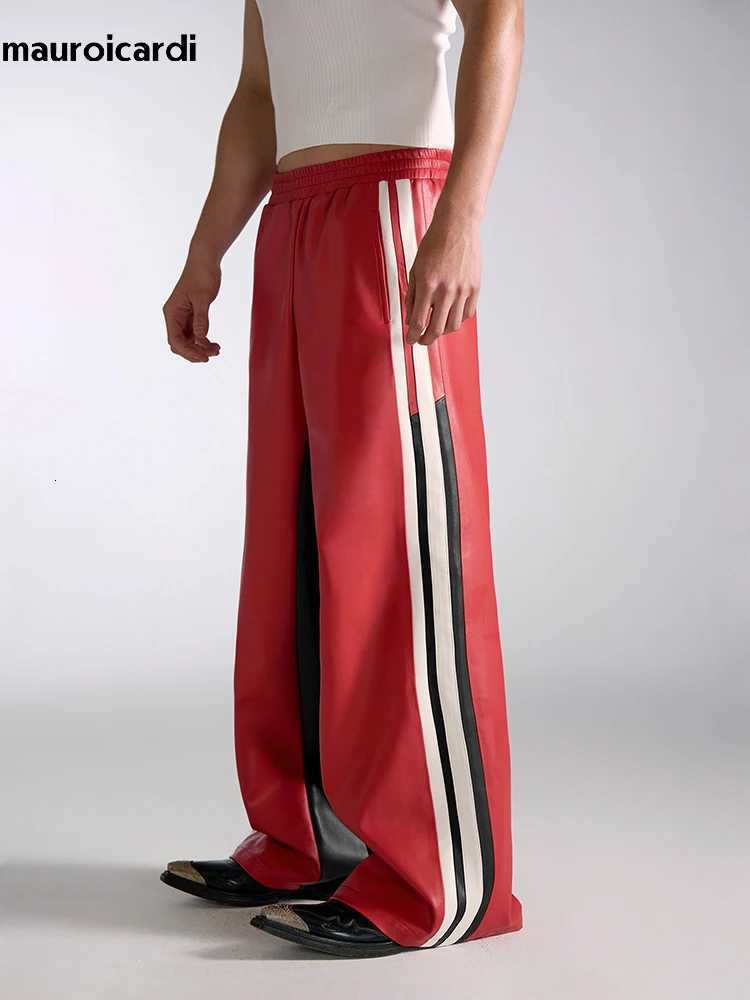 Mauroicardi Spring Autumn Long Loose Casual Baggy Color Block Pu Leather Pants Men Elastic Waist Wide Leg Trousers Streetwear W250819