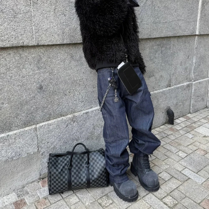 MIJKO High Street Original Color Wide Leg Blue Baggy Jeans for Men Straight Loose Pockets Casual Denim Pants Oversized Cargo Trousers