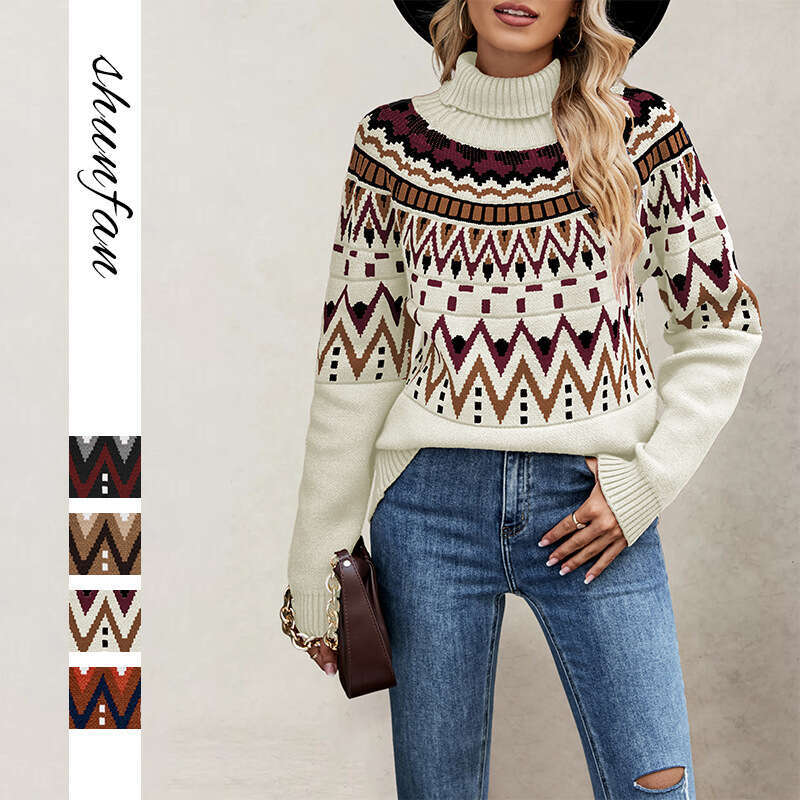 Autumn Winter New Women's Clothing Patchwork Color Block Sweater High Neck Loose Knit B5