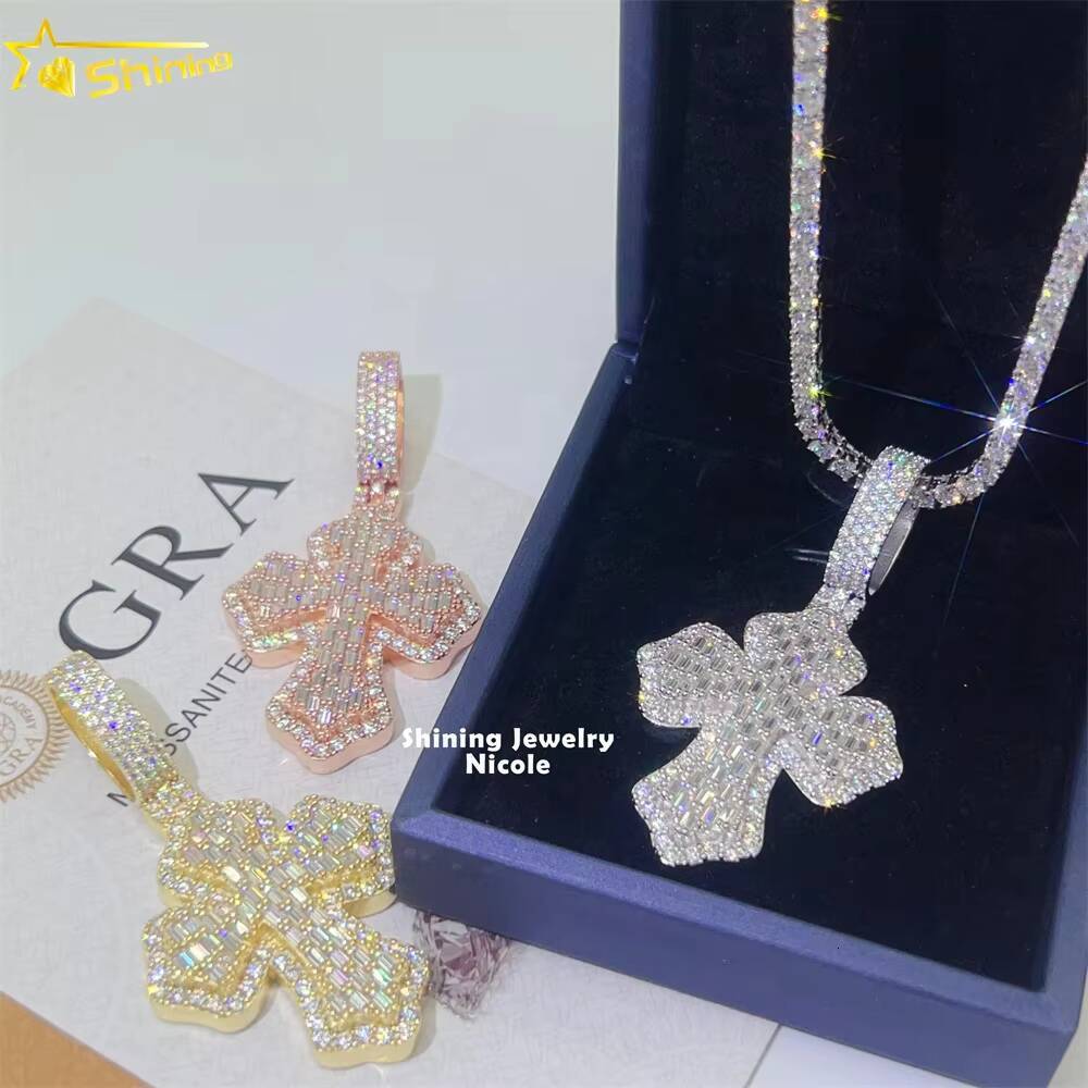 Fine Jewelry 925 Silver Baguette Diamond Cross Charms Moissanite Hip Hop Jewelry Mens Moissanite Pendant