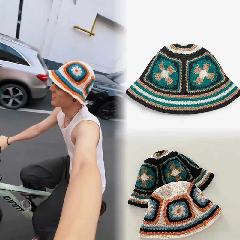 Winter Colorful Handmade Basin Hat Women Men Crochet Bucket Hat Panama Cap Rainbow Flower Knitted Hat Korean Style Beanies 250819