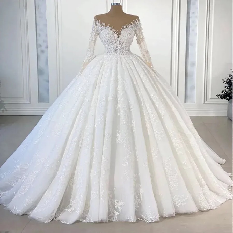 Wedding Dress Illusion Neck Long Sleeves Lace Appliques Pearls Beads Bride Gowns Robe Mariage Vestidos De Novia