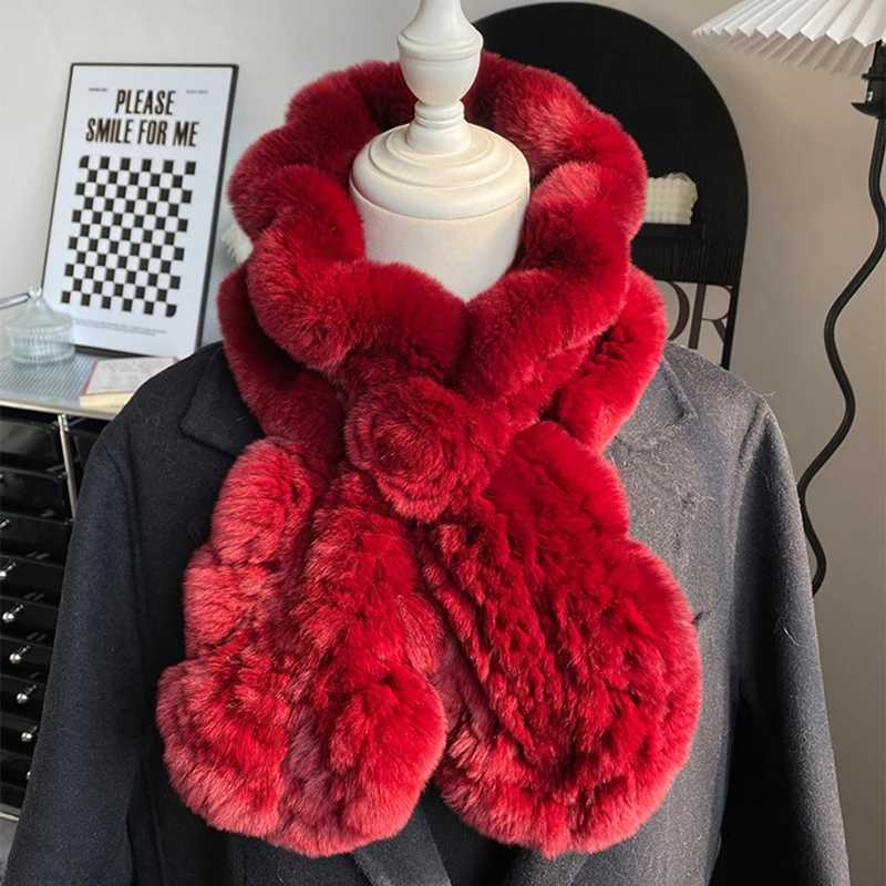 New Russian Women Knit Real Rex Rabbit Fur Scarf Lady Fashion Floral Rex Rabbit Fur Mufflers Hot Winter Warm Natural Fur Scarves L250818O3TM