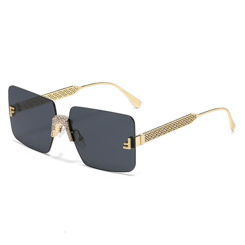 Letter F Diamond Frameless Square Sunglasses Retro Sunglasses Fashion Street Photo Metal Hollow Sun Glasses