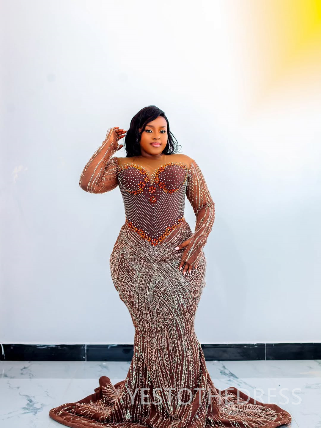 Plus Size Mermaid Prom Dress 2025 Evening Dresses Robe De Sorrie Sheer Neck Beaded Lace Long Sleeves Crystals Birthday Dress Second Reception Gowns AM