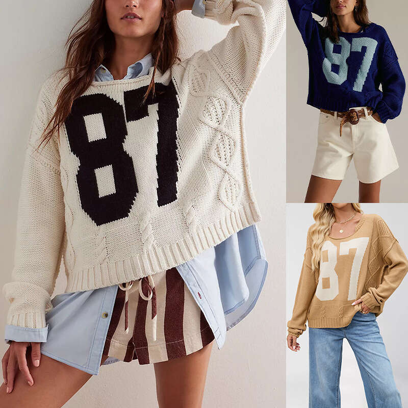 Autumn Winter Long Sleeve Top Women's Digital Color Block Knitted Pullover Loose Sweater B3