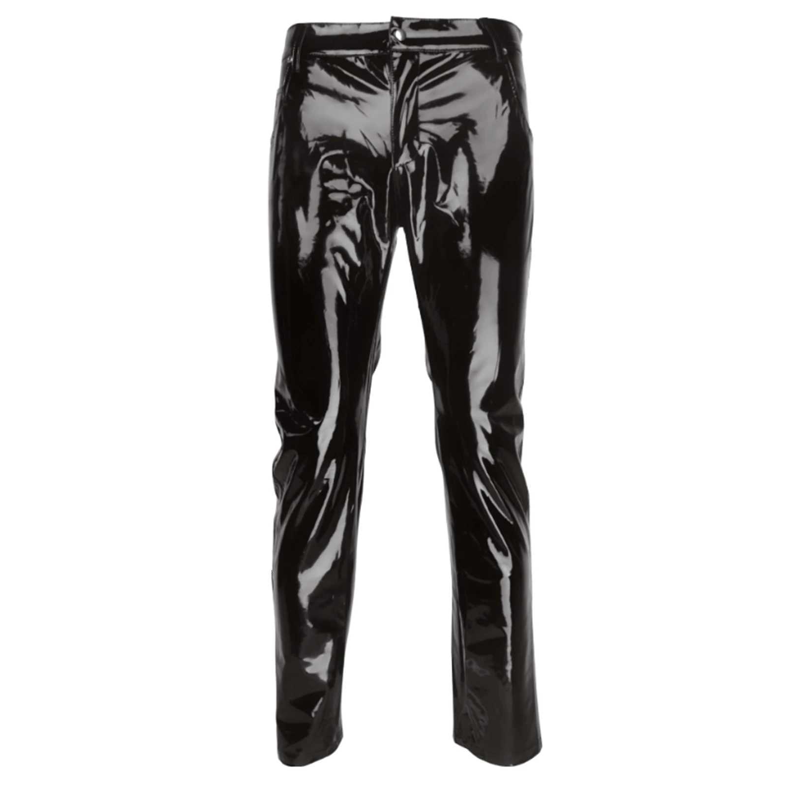 Men Wet Look Patent Leather Full Length Pants Boys Black Glossy Mid Waist Straight Trousers for Bar Nightclub Stage Show Costumes W250819