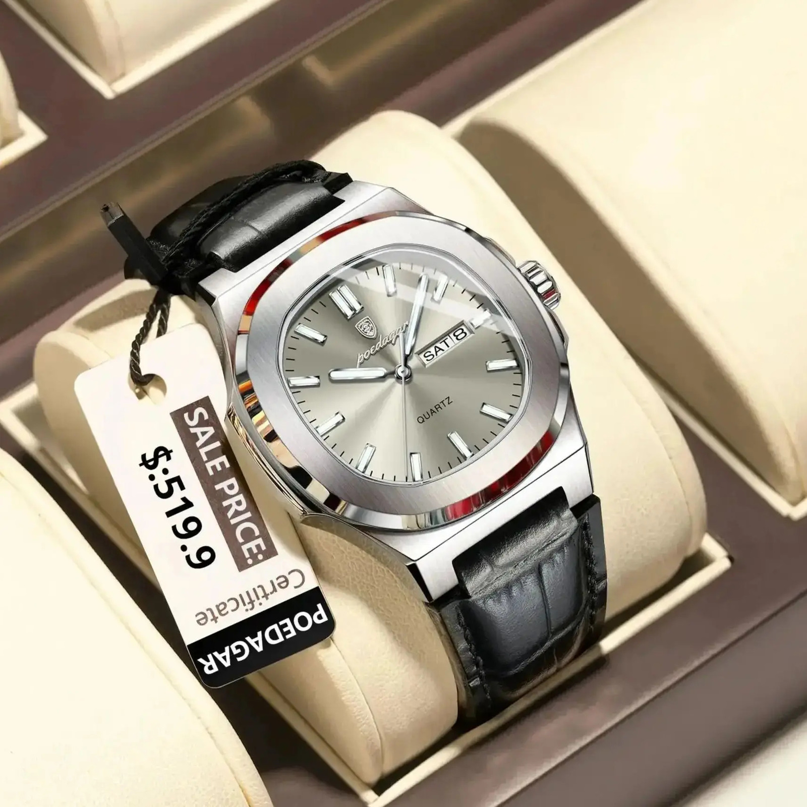 POEDAGAR High Quality Watch For Men Luminous Waterproof Week Calendar Man Clock Leather Square Mens Quartz Watches Reloj 250819