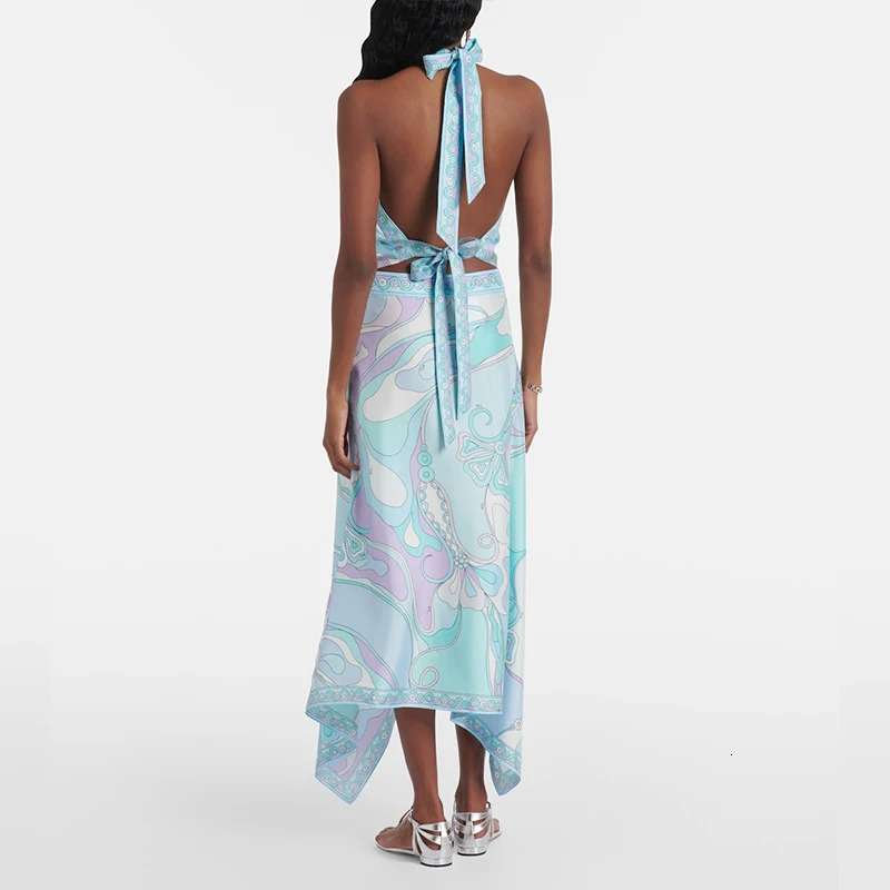 Casual Print Vacation Womens Outfits Elegant Satin Beach Sets Vintage Lace Up Backless Halter Tops Irregular Half Skirt 2 Piece 250818