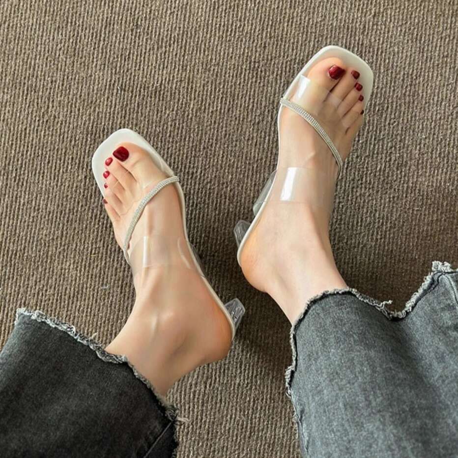 Style French Women's Sandals Outdoor Designer Shoe Wear, Summer 2025, Transparent Square Toe, Crystal Chunky Heels, High Heels for Women Wear, 20