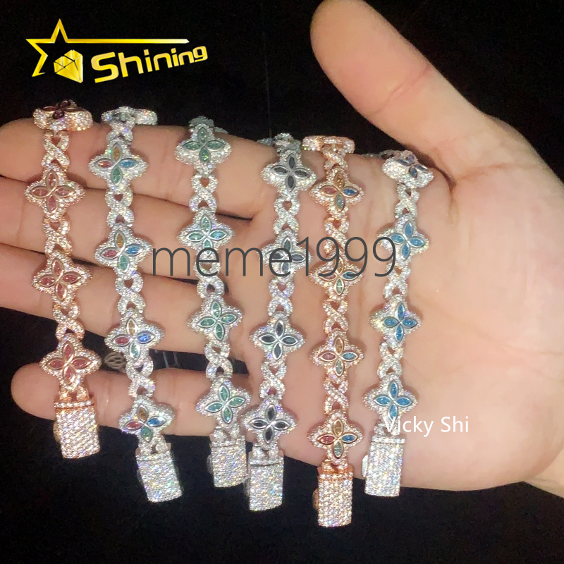 Hot Selling 15MM 925 Sterling Silver Cuban Clover Bracelets Iced Out Hip Hop Infinity Colored Moissanite Cuban Bracelet