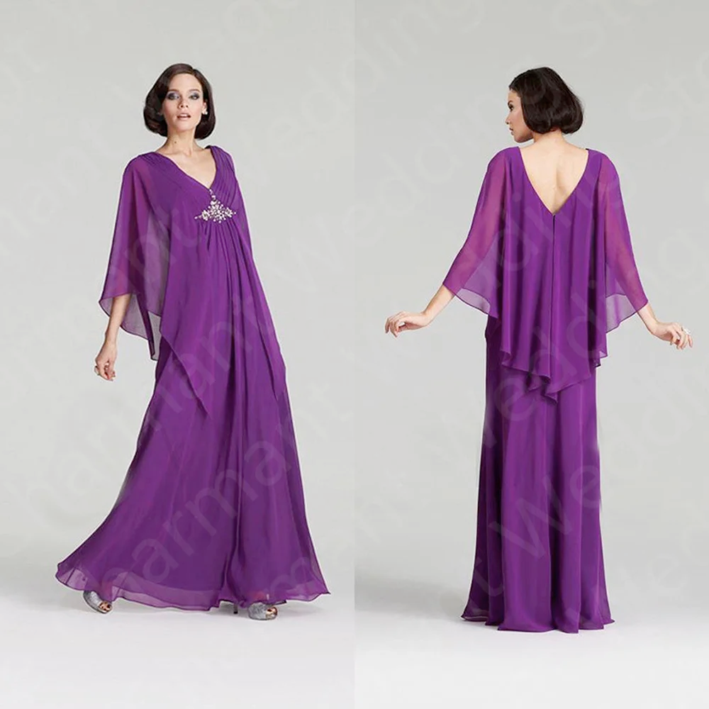 Graceful Purple Mother Of the Bride Dresses 2025 On Sale Simple Prom Gowns Chiffon 3/4 Sleeves Madre Vestidos V Neck Back Out