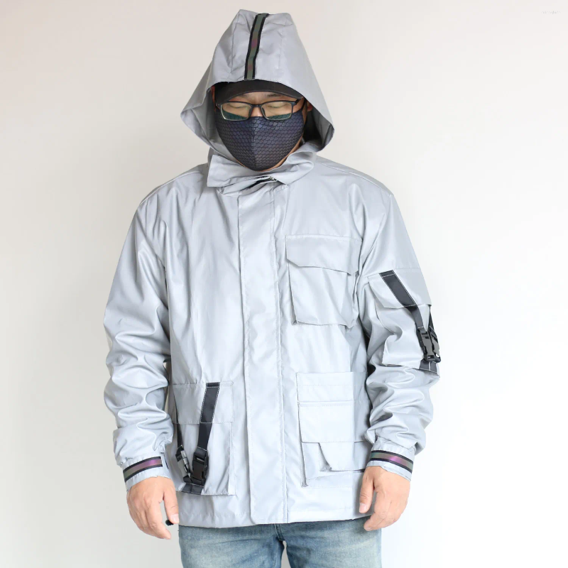 Men's Jackets Fashion Reflective Cargo Jacket With Pockets High Street Techwear Reflect Oterwear Hooded Tops