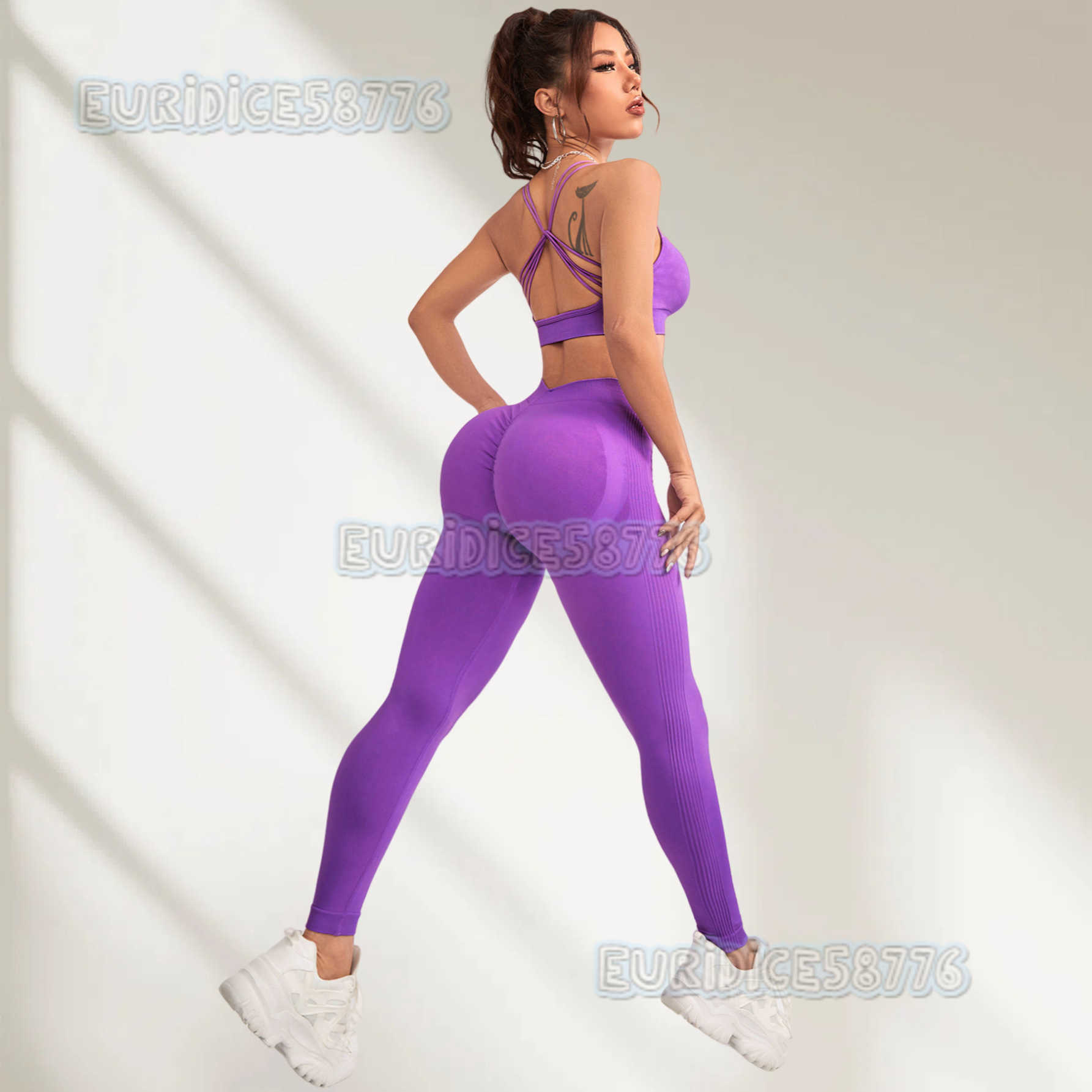 New Seamless Knitted V-waist Peach Yoga Outfit Set for Women with Butt-lifting Pants and Sports Bra Two-piece Set H250819