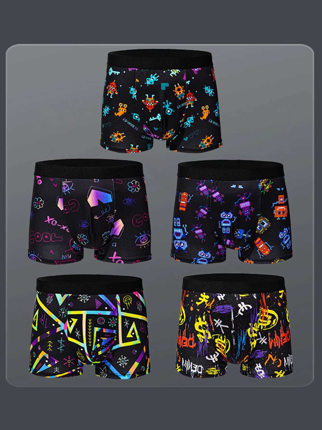 5-piece Mens Trendy Graffiti Pixel Cyberpunk Print Boxer Underwear Comfortable and Casual Fashionable Boxer W250819