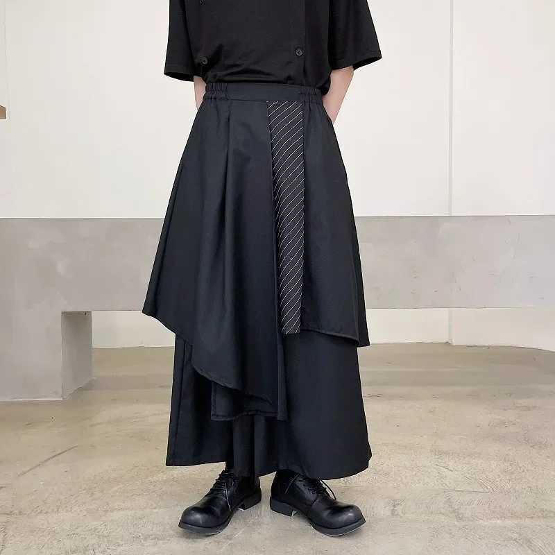 2024 Spring Mens Wide Leg Pants Striped Patchwork Streetwear Elastic Waist Irregular Skirts Trousers Loose Punk Black Pants W250819