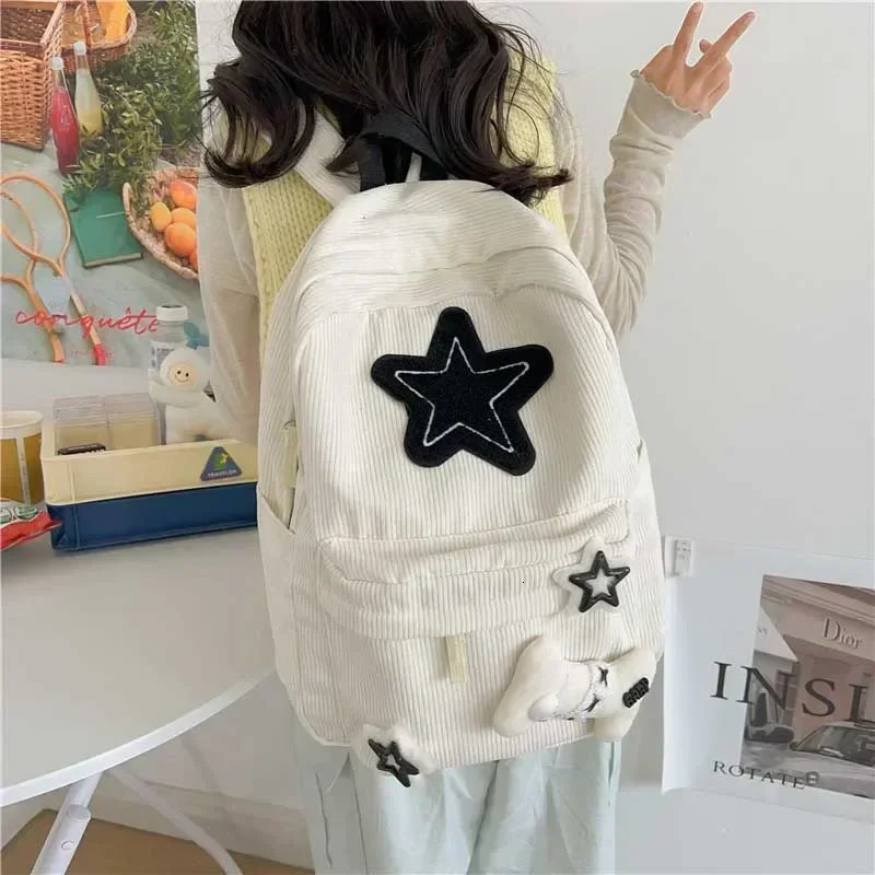 Y2K Girls Star Pattern Laptop Backpack Teen Student Large Capacity School Bookbag Corduroy Rucksack Double Strap Shoulder Bag250813