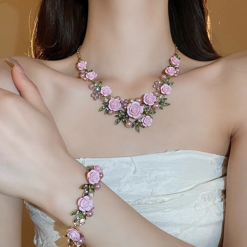 Romantic Rose Flower Necklace Bracelet Stud Earrings Jewelry Set Womens Fashion Pink Purple Choker Necklace for Party Wedding 250818