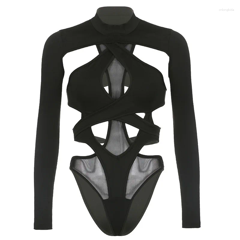 Women's T Shirts Goth Sexy Solid Color Jumpsuit Women Hollow Out Cyber Punk Long Sleeve Patchwork Bodysuit Streetwear Emo Alt Rave