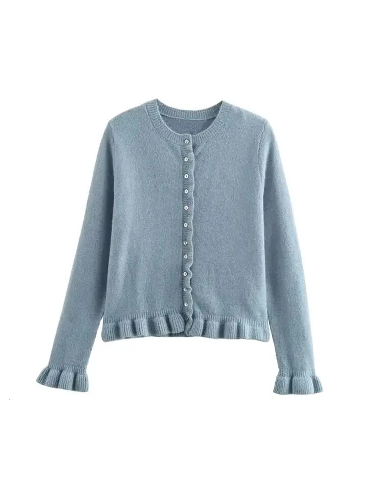 TRZA Womens Ruffled Knit Cardigan Sweater ONeck Long Sleeve Chic Top with Front Buttons Fashion Outerwear 250819