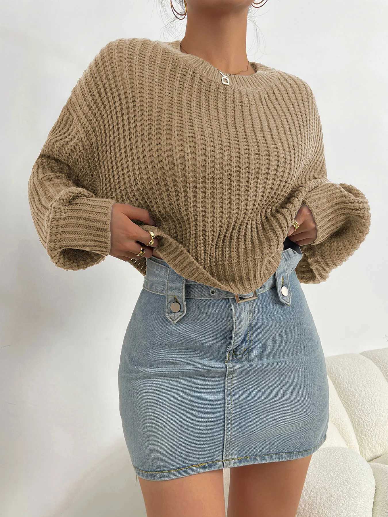 Womens Solid Round Neck Batwing Sleeve Sweater Casual Long Sleeve Crew Neck Jumper for Spring and Fall Womens Knitwear XJ250819