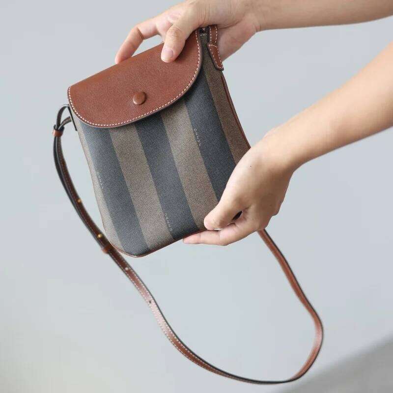 Vintage Small Size Women Crossbody Bags PVC Waterproof Fabric And First Layer Oil Wax Leather Adjustable Shoulder Strap Bag