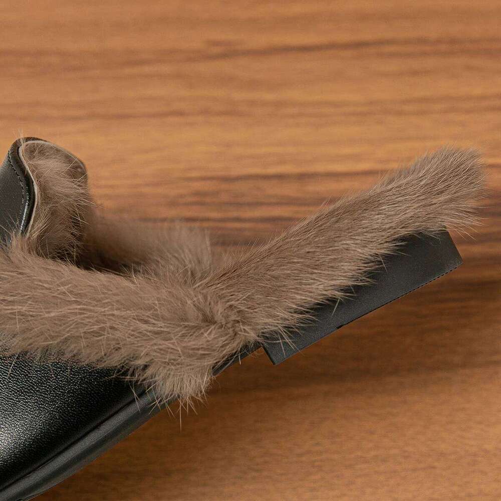 2023 Winter Women's Plush Outdoor Slippers Mules Metal British Style Genuine Fur Rabbit Flats Ladies Casual Shoes