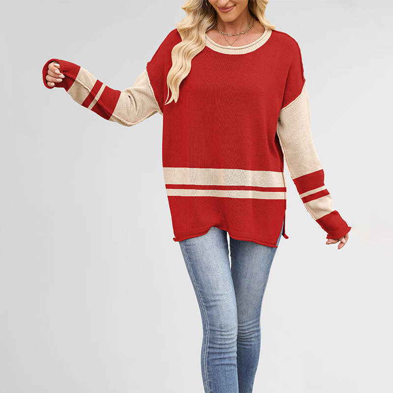 New Knitted Autumn Winter Women's Color Block Round Neck Loose Casual Pullover Sweater B3
