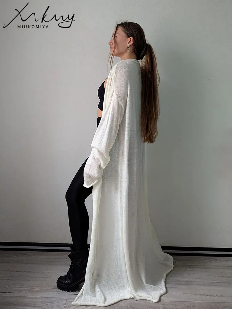 MiuKoMiYa Oversized Thin Long Cardigans Women Summer Sleeve Knitted Outerwear Hollow For 250819