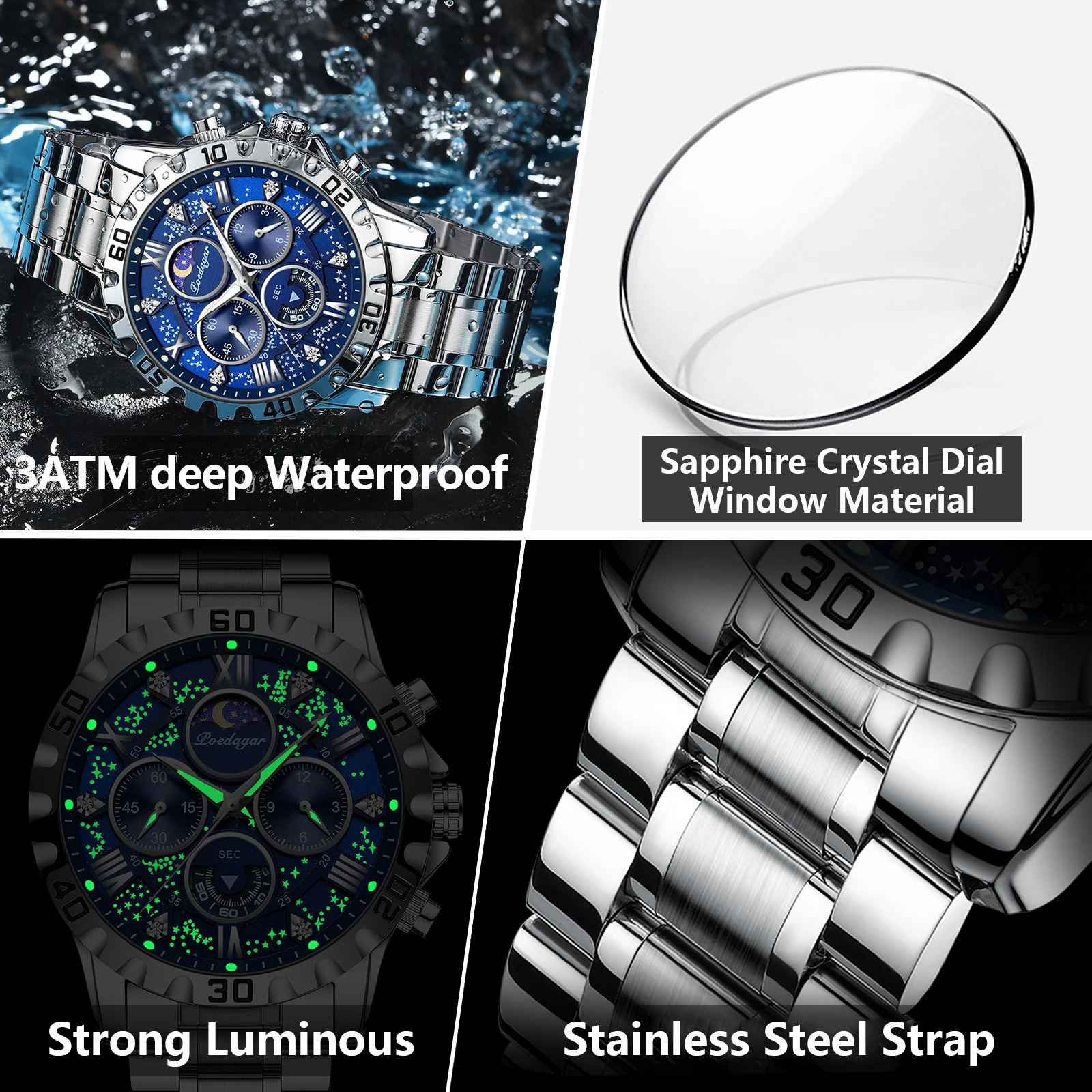 POEDAGAR Watch for Man Quartz Sports Men Watch Waterproof Luminous Stainless Steel Chronograph Mens Watches Clock Reloj 250819