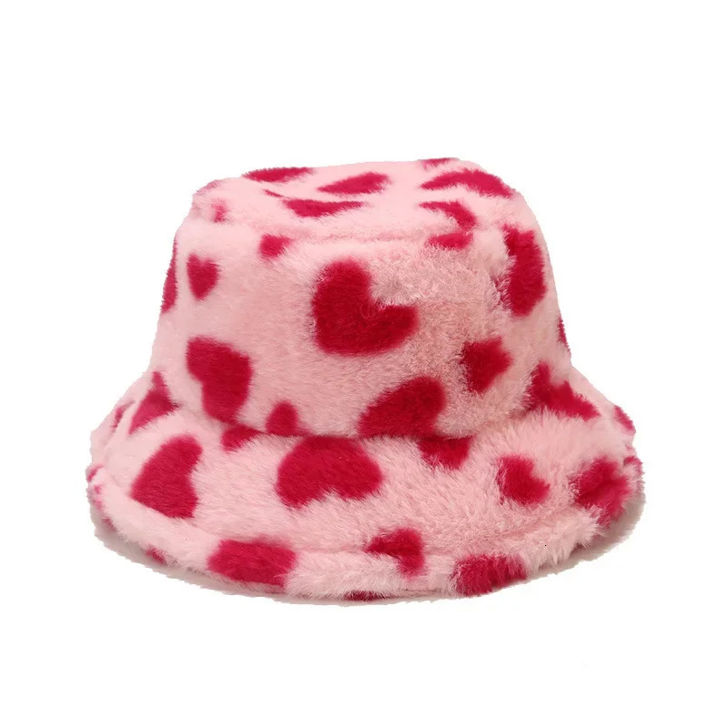 Winter Heart Print Faux Fur Fluffy Bucket Hat Women Outdoor Warm Hats Soft Velvet Furry Fisherman Caps Girl Fashion Panama 250819