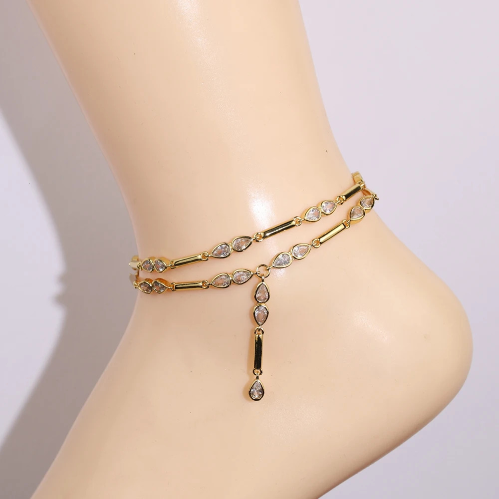 Arrived Gold Color Geometric Bar Tear Drop Cubic Zirconia CZ Link Chain Anklet Women Fashion Jewelry 250815