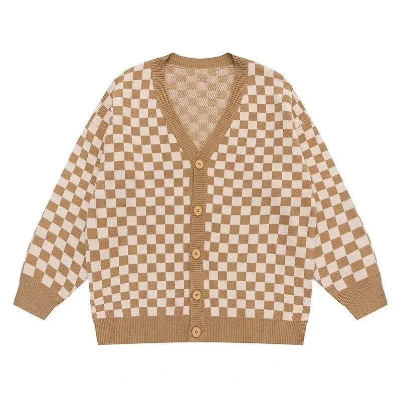 Checkerboard Plaid Cardigan Mens Sweaters INS Winter Coats Knitwear Clothing Japanese Vintage Wool Couples 250819