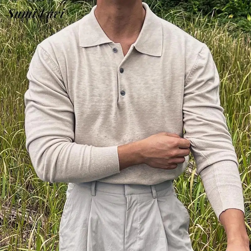 2025 Spring Autumn Fashion Mens Polo Shirts Knitted Long Sleeve Button-up Polo Neck Tops Vintage Solid Color Mens Pullover Tops 250818