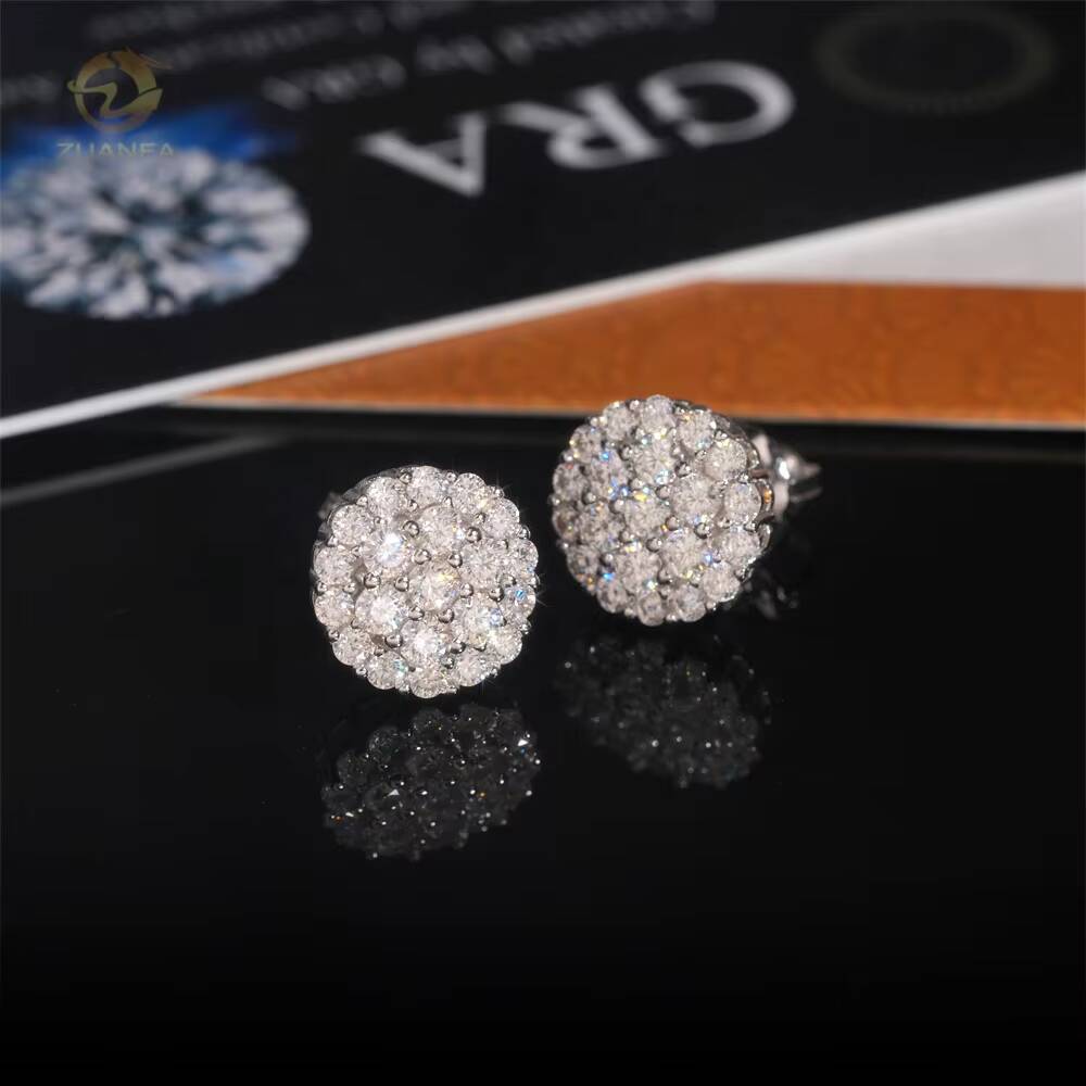 New Arrival Hip Hop Cluster Diamond Round Shape Screw Back 925 Silver Moissanite Sstud Earring