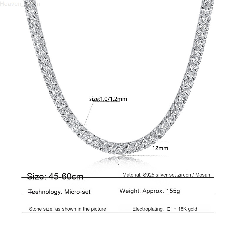 925 Silver Inlaid Moissanite 12mm Hip-Hop Cuban Full Diamond Necklace European American Cross-Border Fashion Accessories for Men