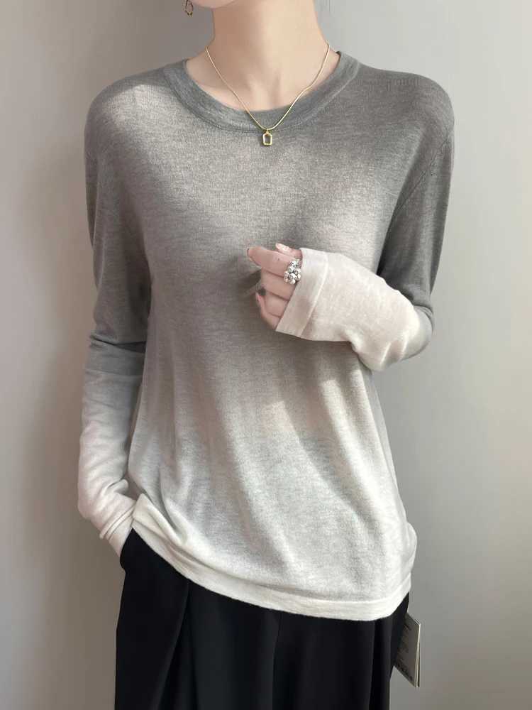 Ladies Gradient Color Sweater Womens Casual Knitted Pullover 2025 Spring Summer Soft Loose Long-Sleeve Basic Round Neck Tops XJ250819